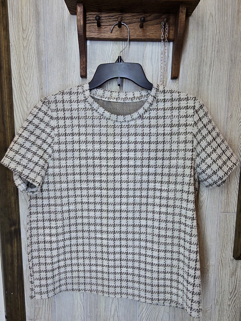 SHEIN Cream and Brown Tweed Short Sleeve Top